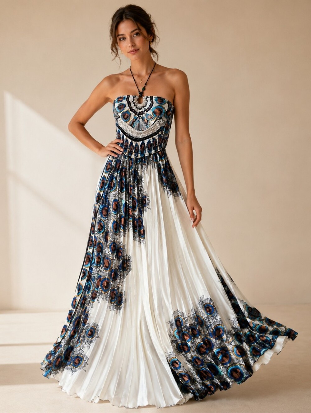 Peacock Print Pleated Maxi Dress – Boho Resort Style